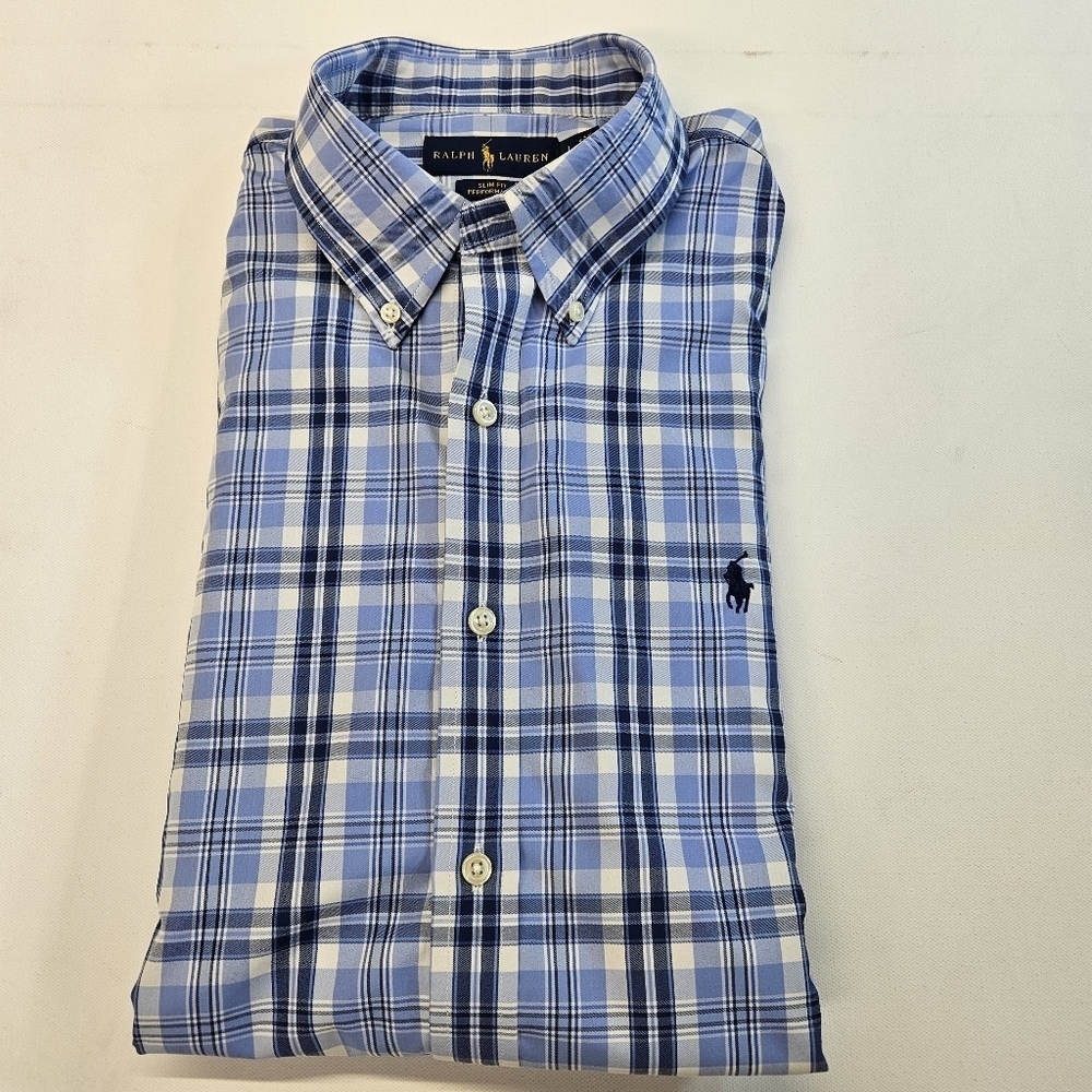 Mens Large Polo Ralph Lauren Slim Fit Performance Shirt button blue white plaid